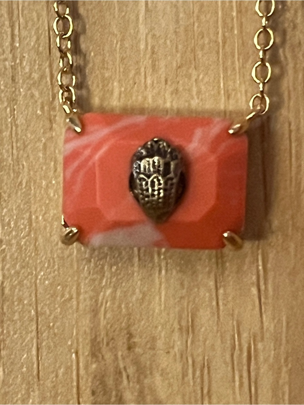 Gold Chain Necklace with Coral Stone and Bronze Accent